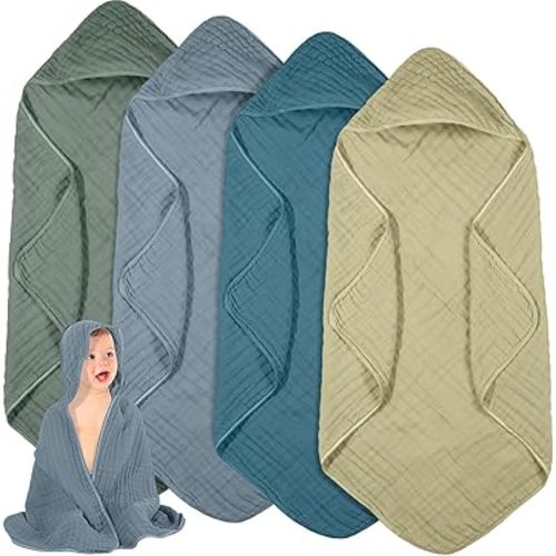Peryiter 4 Pcs Muslin Hooded Baby Towels, 32"x 32" Cotton Newborn Bath Towel Muslin Infant Baby Blankets Absorbent Unisex Christmas Registry Gift Essentials for Girls Boys (Green Series)