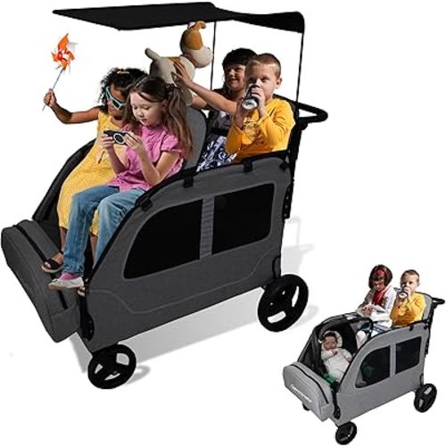 4 Seater Wagon Stroller, Large Quad Wagon for Kids 2 3 4 Baby Toddler Child Travel All Terrain Push Triple Twin Double Side by Side Stroller with Canopy Seats (Dark Grey)