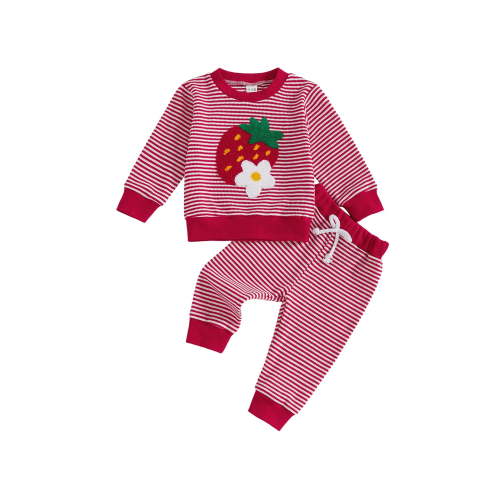 Loicainy Toddler Baby Girls Autumn Pants Outfits Sets 6 12 18 24 Months 2T 3T Strawberry Embroidery Long Sleeve Tops Striped Pants Clothes Set