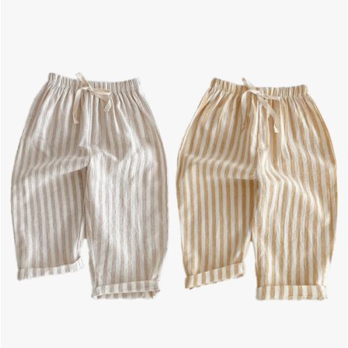Ashmyova Classic Casual Pants Thin Cotton Stripe Elastics Waist Spring Summer Trousers Toddler Long Pants 2Pcs