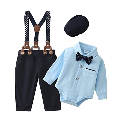ZOEREA Baby Boy Suit 0-24M Gentleman Outfit Clothes Set Infant Long Sleeve Dress Shirt+Suspender Pants+Bowtie+Beret Hat
