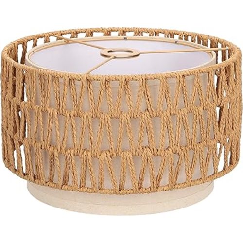 Boho Rattan Lamp Shade, 12.6" Top x 12.6" Bottom x 7.68" High, Natural Rattan & Linen Double Layer Lamp Shades for Floor Lamps Table Lamps Chandelier, UNO Fitter Lampshade Replacement, Easy Assembly