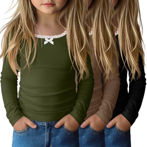 3 Pack Toddler Girls Long Sleeve Lace Trim Shirts