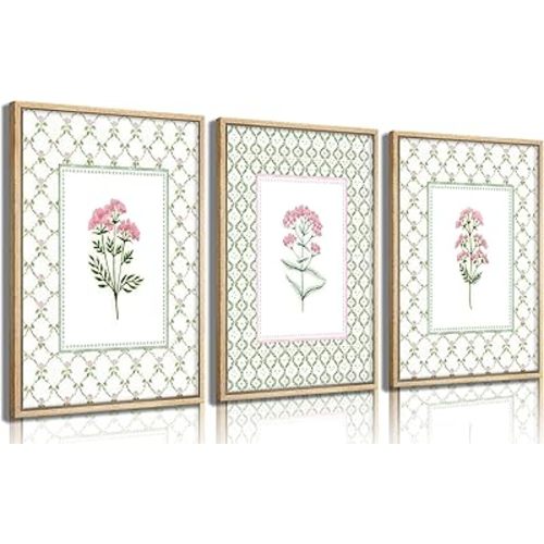 3Pcs Pink Green Floral Wall Art Wildflower Baby Room Painting Picture Wall Decor Pastel Botanical Poster Print Artwork for Bedroom Living Room Girls Bedroom Nursery Dining Room Home Decoration