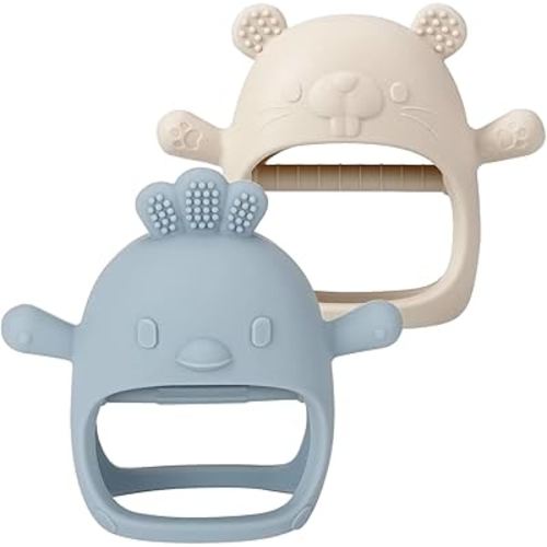 2 Pack Baby Teether Toy, BPA Free Silicone Mitten Glove Teether for Sucking Needs, Baby Teething Toys 0-3-6-12 Months, Hand Pacifier Chew Toys for Teething Pain Relief (Beige & Blue)