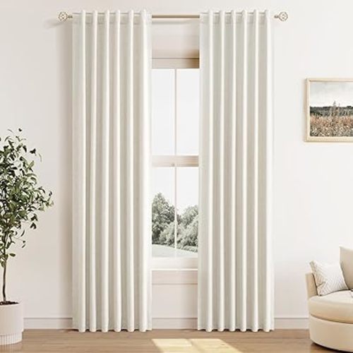 Guken Cream Linen Blackout Curtains 42 Inch Wide by 84 Inch for Living Room Bedroom Back Tab Thermal Insulated 100% Black Out Linen Drapes Room Darkening Window Curtains Ivory Natural