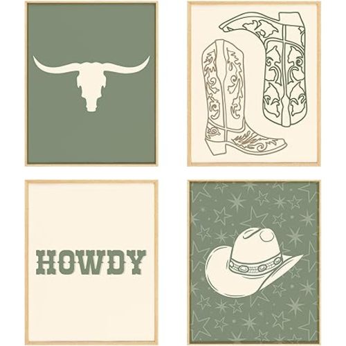 BRRNYOI Sage Green Western Wall Art Posters Set of 4, Cowboy Nursery Decor, Western Cow Skull Cowboy Hat Boots Canvas Prints Wall Decor for Boys Bedroom Home Living Room, 8x10 Unframed