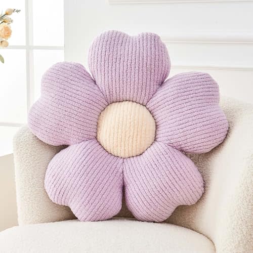 Flower Throw Pillow, Cute Flower Shaped Pillow Decorative Throw Pillow for Bed Couch, Soft Daisy Pillows Floor Seating Cushion Cushions (14.9 Inch Purple)