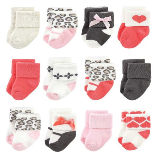 Luvable Friends Infant Girl Newborn and Baby Terry Socks, Leopard, 0-6 Months
