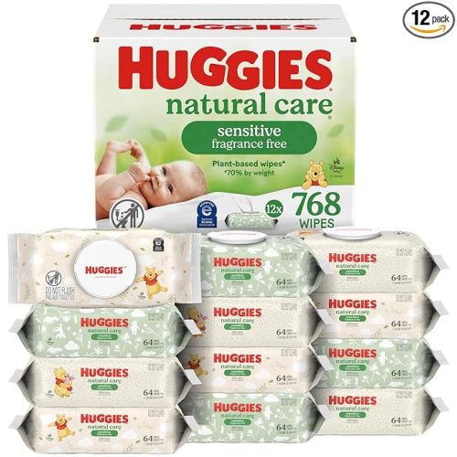 Huggies Natural Care Sensitive Baby Wipes, Unscented, Hypoallergenic, 99% Purified Water, 12 Flip-Top Packs (768 Wipes Total), Packaging May Vary