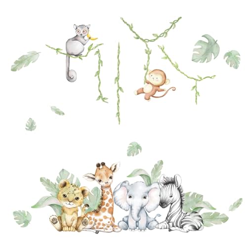 59.05x53.14 Inch Woodland Animals Wall Decals Forest Animal Wall Decal Elephant Zebra Monkey Giraffe Nursery Decor for Home Baby Room Decorations Boys Girls Bedroom
