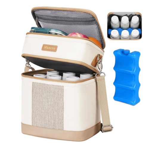 Mancro Breastmilk Cooler Bag with Ice Pack, Double Layer Insulated Baby Bottles Bag Fits 6 Bottles Up to 9 Ounces, Portable Breast Pump Cooler Travel Bag for Daycare and Nursing Moms, Beige