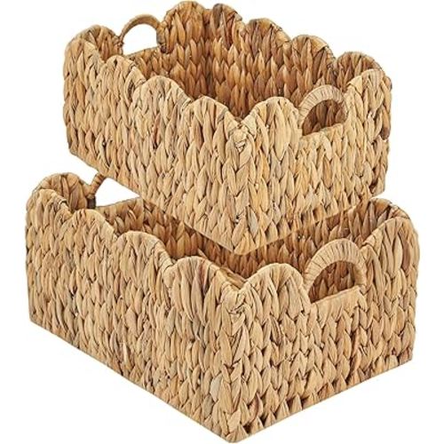 FairyHaus Wicker Basket 2Pack, Handwoven Scalloped Wicker Storage Basket with Handles, Natural Water Hyacinth Woven Bakests for Storage, Large and Small Rectangle Basket, 15 x 11 x 7" & 13 x 9 x 6.5"