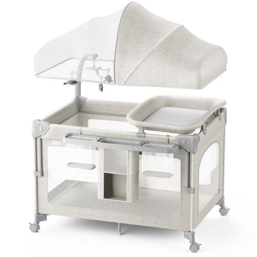 Babyomi Baby Bassinet with Changing Table, 5 in 1 Baby Bassinet Bedside Sleeper with Quick Collection Function and Storage Basket, Toys, Mosquito Net for 0-24 Months, Beige