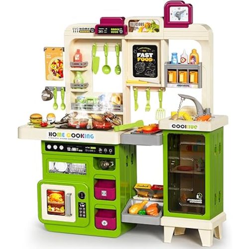 Kids Kitchen Playset, Play Kitchen with Electric Stove, Grill, Sink, Play Food, ToyKitchen Accessories, Kitchen Interactive Play with Lights Sound Steam, Cooking Toys for Toddler Kid Gifts