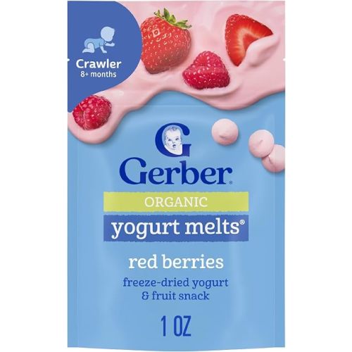 Gerber Stage 3 Baby Food Snacks, Red Berries Organic Yogurt Melts, Freeze Dried Yogurt and Fruit Snacks for Babies, Baby Led Feeding, 7-Pack