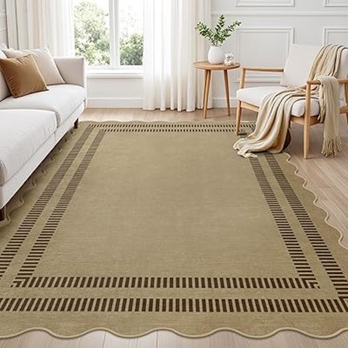 Washable Rug 5x7 Area Rugs for Living Room, Solid Brown Rug Non Slip Scalloped Throw Mat with Rubber Back, Soft Low Pile Carpet for Dining Room Bedroom Dorm Nursery