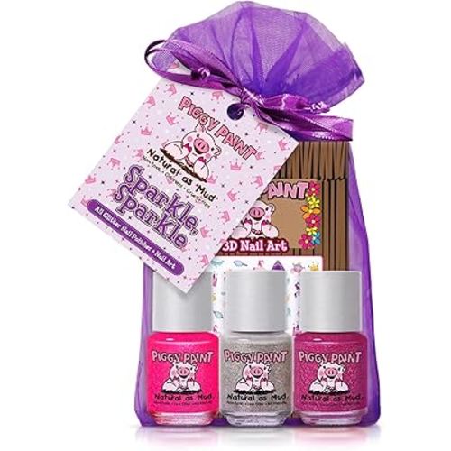 Piggy Paint | 100% Non-Toxic Girls Nail Polish | Safe, Cruelty-free, Vegan, & Low Odor for Kids | Sparkle, Sparkle! (Gift Set)