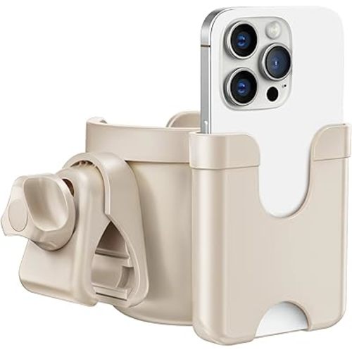 Guiseapue Stroller Cup Holder with Phone Holder: Universal Cup Holder for Walker, Wheelchair, Bike, Golf/Stroller Accessories for Uppababy, Nuna, Doona, Rollator, Golf Cart, Scooter,Beige