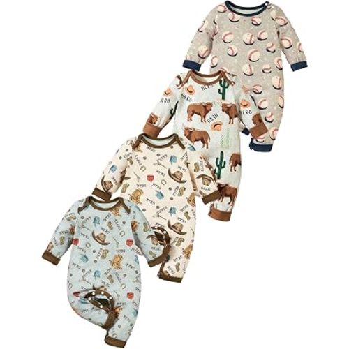 MOSSRIVER Baby Girl Outfits 4 Pack Long Sleeve Bodysuit Snap Crotch Closure Cute Graphic Romper Toddler Boys Fall Clothes