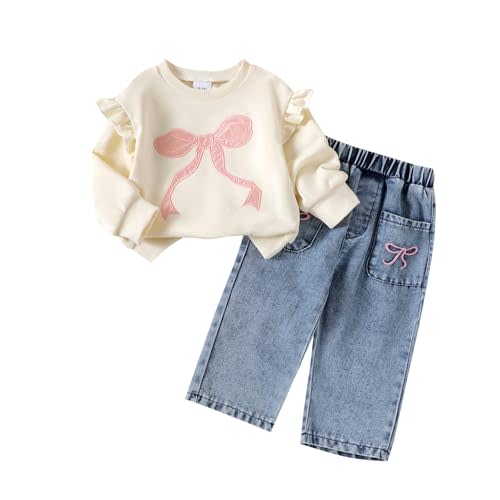 Toddler Baby Girl Clothes Long Sleeve Sweatshirt Tops Denim Pants | Fall Spring Outfit Bow Print,Fall Girls Overalls Pants Outfit,Jeans Pants,Girls Long-Sleeve Denim Set,Toddler Girl Outfits