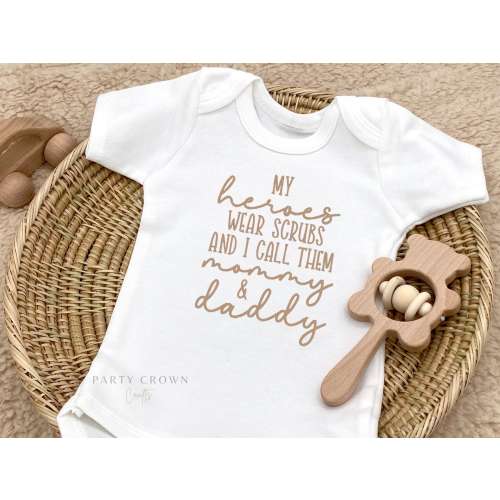 Embroidered My heroes wear scrubs and I call them Mommy and Daddy Bodysuit • Doctors Appreciation • Dad Nurse Mom Nurse Baby Bodysuit Gift