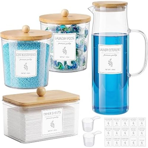Acrylic Laundry Pod Containers and Dryer Sheet Holder & Glass Laundry Detergent Dispenser with Handle, Labels, and Spoons, for Laundry Room Organization and Storage (4 Pack, Wood Brown)