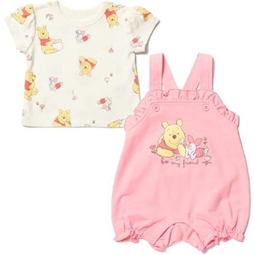 Disney Minnie Mouse Winnie the Pooh Baby Girls French Terry Short Overalls and T-Shirt Newborn to Infant