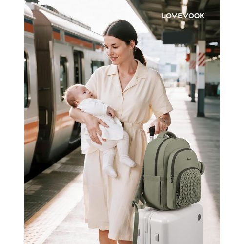 LOVEVOOK Diaper Bag Backpack, Baby Bag with Changing Pad for Mom Dad, Large Waterproof Mommy Bag with Stroller Buckles, Travel Essential with Pacifier Case & Insulated Bottle Pockets, Bean green