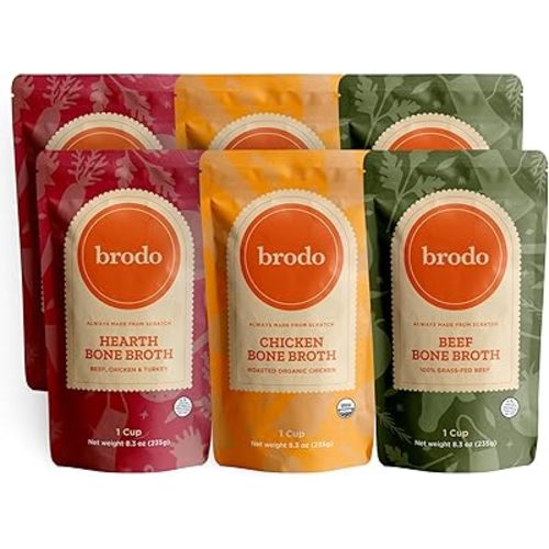 Brodo Classic Variety Pack with Collagen & Protein, Includes Organic Chicken, 100% Grass-Fed Beef, & Hearth Bone Broths for Sipping & Cooking, Nutrient-Dense & Slow-Simmered for Deep Flavor (6x 8.3oz)