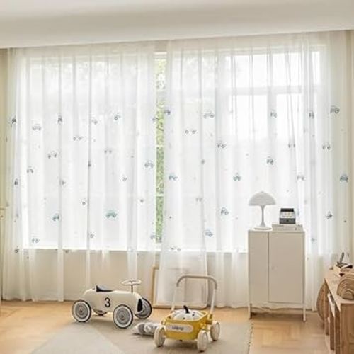 Cute Cars Pattern Curtains for Kid's Bedroom Room Darkening Kids Curtains for Living Room Rod Pocket Top Privacy Curtains for Bedroom 2 Panels (White,W42 x L84 inches)