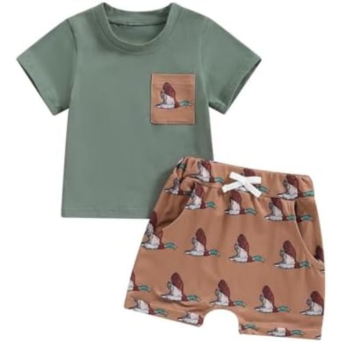 Kaipiclos Baby Boys Clothes Toddler Summer Outfits Short Sleeve Duck Print Pocket T-Shirt Tops and Shorts Farm Baby Clothes