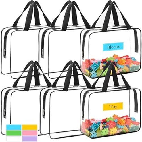 6 Packs Extra Large Toy Storage Bags with Zipper, Clear Plastic Toy Storage Bag with Labels for Building Blocks, 11.8″×8.6″×3.9″ Travel Waterproof Organizer Bags for Puzzles, Cosmetics, Stationery
