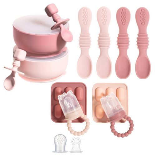 Silicone Baby Feeding Set, Baby Suction Bowls with Lids, 4-Pack Led Weaning Feeding Spoon , and Silicone Baby Fruit Feeders, Freezer & Dishwasher Safe