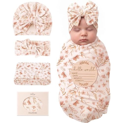 Konssy Baby Swaddle Blanket Set for Girl, 4-Piece Newborn Receiving Blanket