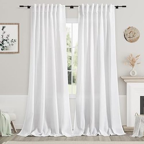 Solid White Curtains 96 Inches Long 2 Panels Back Tab Sheer Linen Curtain Modern Farmhouse Coastal Decor Off White Cotton Textured Curtains 96 inch Length for Patio Sliding Door Office Bedroom