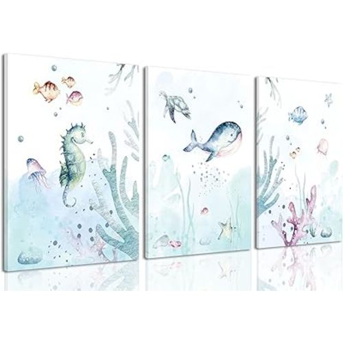 Wodkwq Ocean Nursery Decor,Nursery Wall Decor,Kids Bathroom Decor,Under The Sea,Boys Room Sea Animal Wall Art Picture Canvas Prints Set of 3,Bedroom 12x16 Inch Framed
