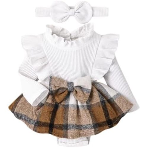 Baby Girl Clothes Cute Plaid Romper Dress Ruffle Long Sleeve One-piece Jumpsuit Bodysuit with Bow Headband