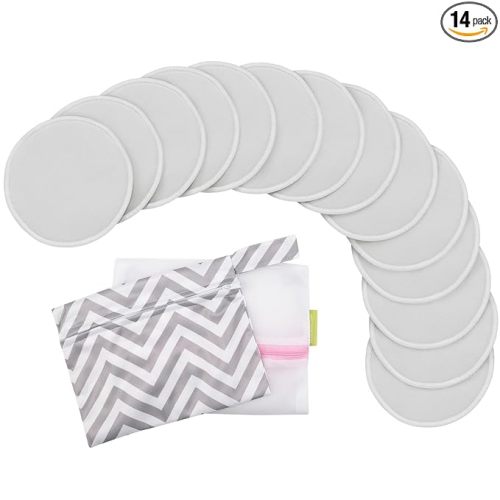 14-Pack Reusable Nursing Pads for Breastfeeding - Soft & Absorbent 4-Layers Washable Breast Pads for Leaking Milk, Viscose from Bamboo Breastfeeding Essentials,Nipple Covers(Cool Gray, L 4.8")