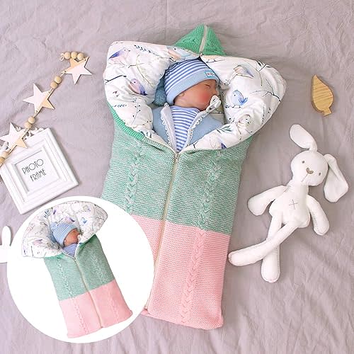 Stroller Blanket Newborn Swaddle Sack Knitted Crochet Hooded Baby Sleep Sack Boy or Girl Swaddle Wrap for 0-13 Months Receiving Blankets,Sleeping Bag
