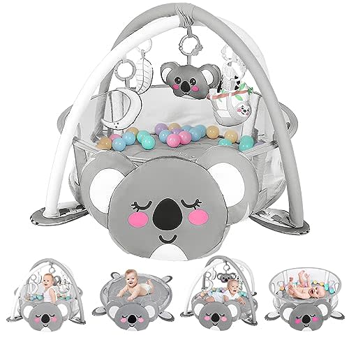 dearlomum 4-in-1 Baby Play Mat Baby Gym, Interactive Activity Mat for Floor Exercise Including 30 Balls with 5 Learning Toys for Newborn Toddler(Koala)