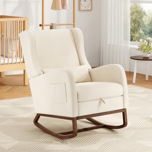 AAYEASY Nursery Rocking Chair, Glider Rocker Indoor with Footrest, Cream | High Back Nursing Chair with Side Pocket, Upholstered Thick Foam Glider Chair with Rubberwood Base for Living Room Bedroom