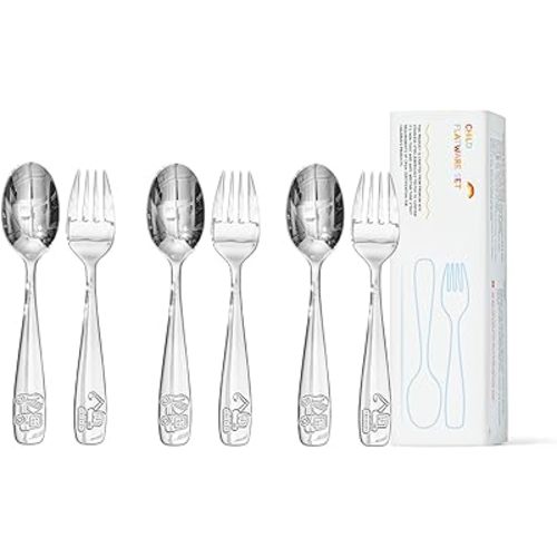 KINGSTONE 6 Pieces Toddler Utensils Set, 18/10 Stainless Steel Kids Silverware, 3 Forks & 3 Spoons, Food-Grade, Construction, Digger & Dump Truck Dishes, Dishwasher Safe for Self-Feeding