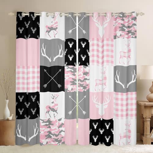 Deer Silhouette Window Curtains,Camo Western Rustic Farmhouse Xmas Window Drapes for Kids Teens Home Decor,Antlers Arrow Geometric Pink Sweet Window Treatments Grommet Top 2 Panel Set,42Wx63L inch