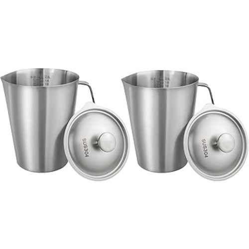 2-Pack 304 Stainless Steel Water Pitcher with Lid, 2L/70oz Metal Pitcher with Lid Wide-Mouth Measuring Cup with Dual-Scale Markings for Mixing, Baking, Coffee, Kitchen Prep