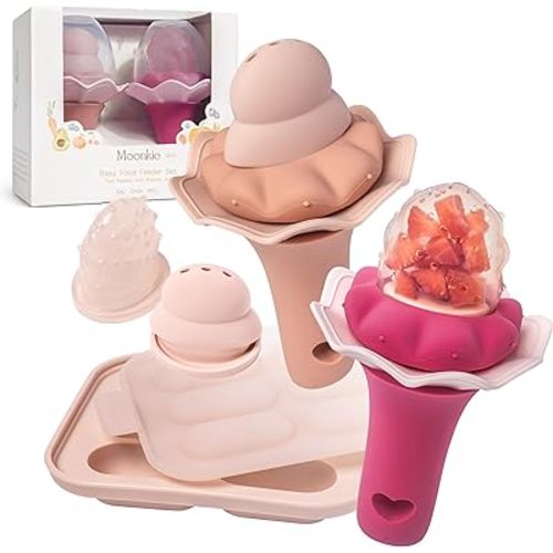 Moonkie Baby Fruit Feeder with Freezer Tray, BPA Free Silicone Food Feeder for Infant Self Feeding, Breastmilk Popsicle Molds, Mesh Feeder with Two Pouches, Baby Shower Gifts 4 Months+, 2 Pack