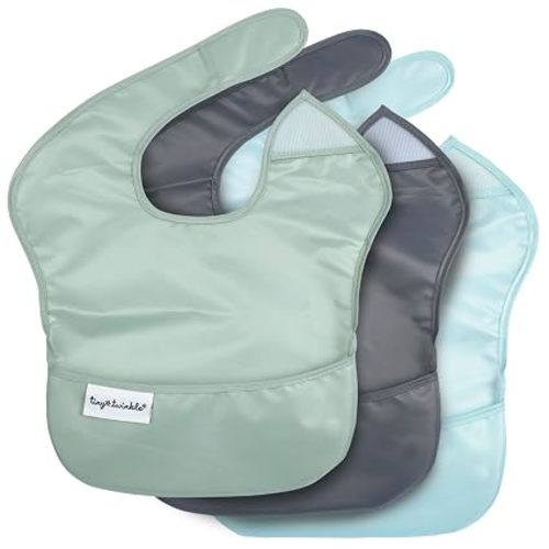 Tiny Twinkle Mess-Proof Baby Bibs for Eating | Waterproof, Wipeable Toddler Bibs with Catch-All Pocket | Feeding Bibs for Girls & Boys(3 Pack,Sage, Charcoal)