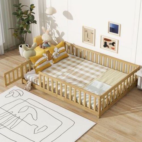 Full Size Floor Bed with Safety Fence and Door, Rubber Wood Bed Frame for Kids, Natural - ModernLuxe