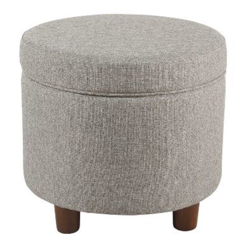 Round Storage Ottoman Light Gray Tweed - HomePop: Upholstered Footstool with Lift-Off Lid, Wood Legs