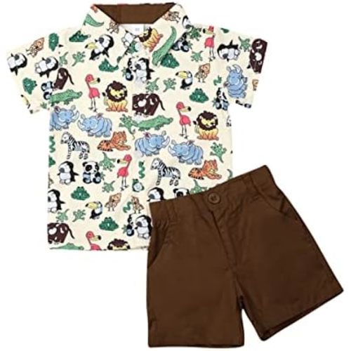 fhutpw Baby Toddler Boy Outfits 2T 3T 4T 5T Clothes Summer Kids Pattern Short Sleeve Button Down Shirt & Shorts Set